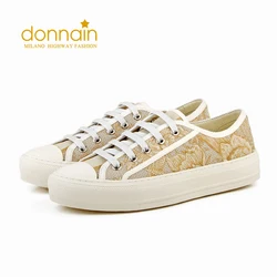 Donnain Women Fashion Luxury Top Quality Gold Floras Embroidery Bohemian Canvas Shoes Lace Up Designer Flat Sneakers