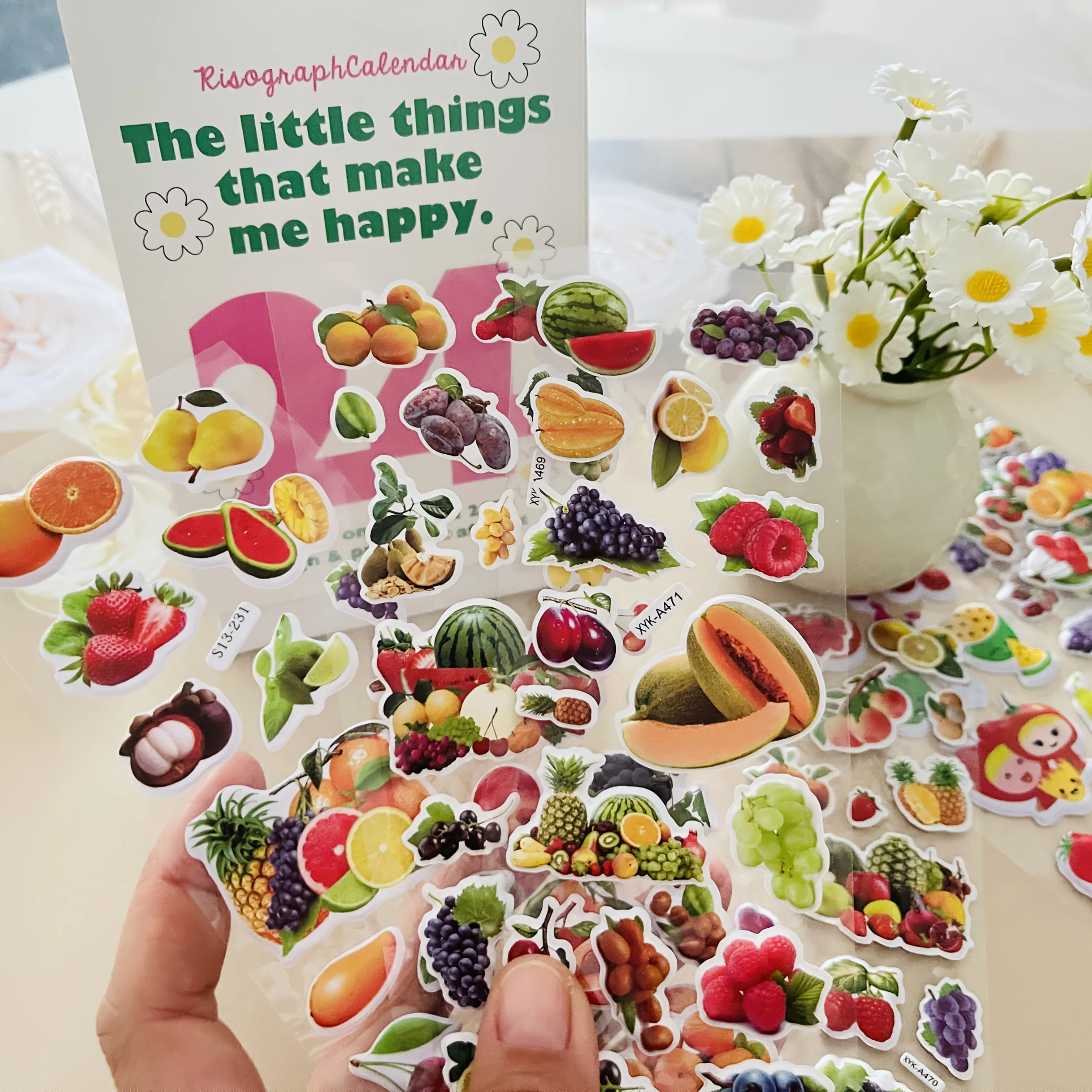 6pcs 3D Fluffy Fruit & Vegetable Stickers - Self-Adhesive Cherry Grape Watermelon Pineapple Hami Melon Decals ZSY