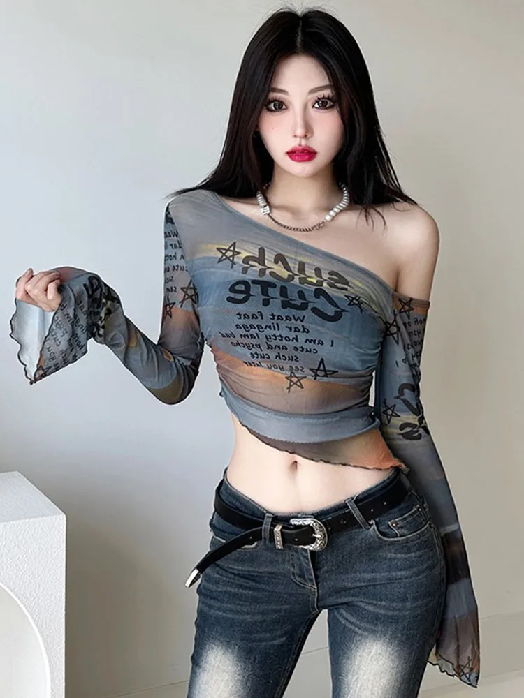 American Style Long Sleeve Tie Dye Ice Silk Mesh T-Shirt Women Summer Irregular Transparent Sun Protection Spicy Girl Top