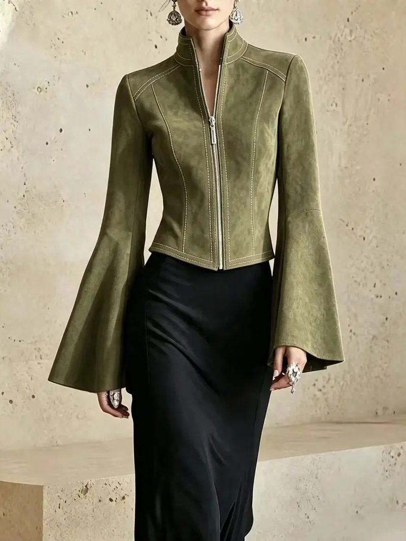 Women Faux Suede Cropped Jacket Stand Collar Full Front Zipper Flare Long Sleeve Slim Fit Vintage Short Outerwear for Street