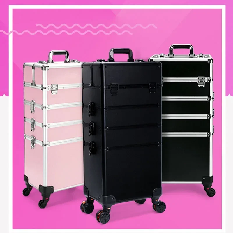 Professional Makeup Suitcase Wheels Large Capacity Cosmetology Manicure Cosmetic Box Folding Rolling Storage Rotating Organizer