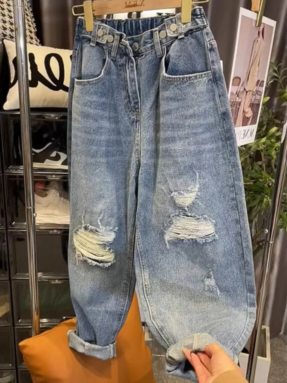 High Waist Loose Fit Summer Thin Denim Jeans Men's plus Size 300 Pounds Hole Punching Slimming Nine Point Straight Lazy Style...
