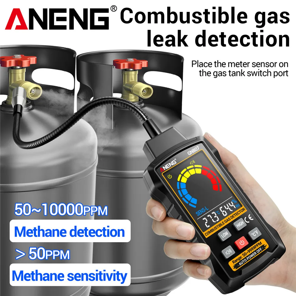ANENG GN807 Combustible Gas Detector 50~10000PPM Methane/Ethanol Various Gases Sound And Light Alarm Bendable Hose Tester Tools