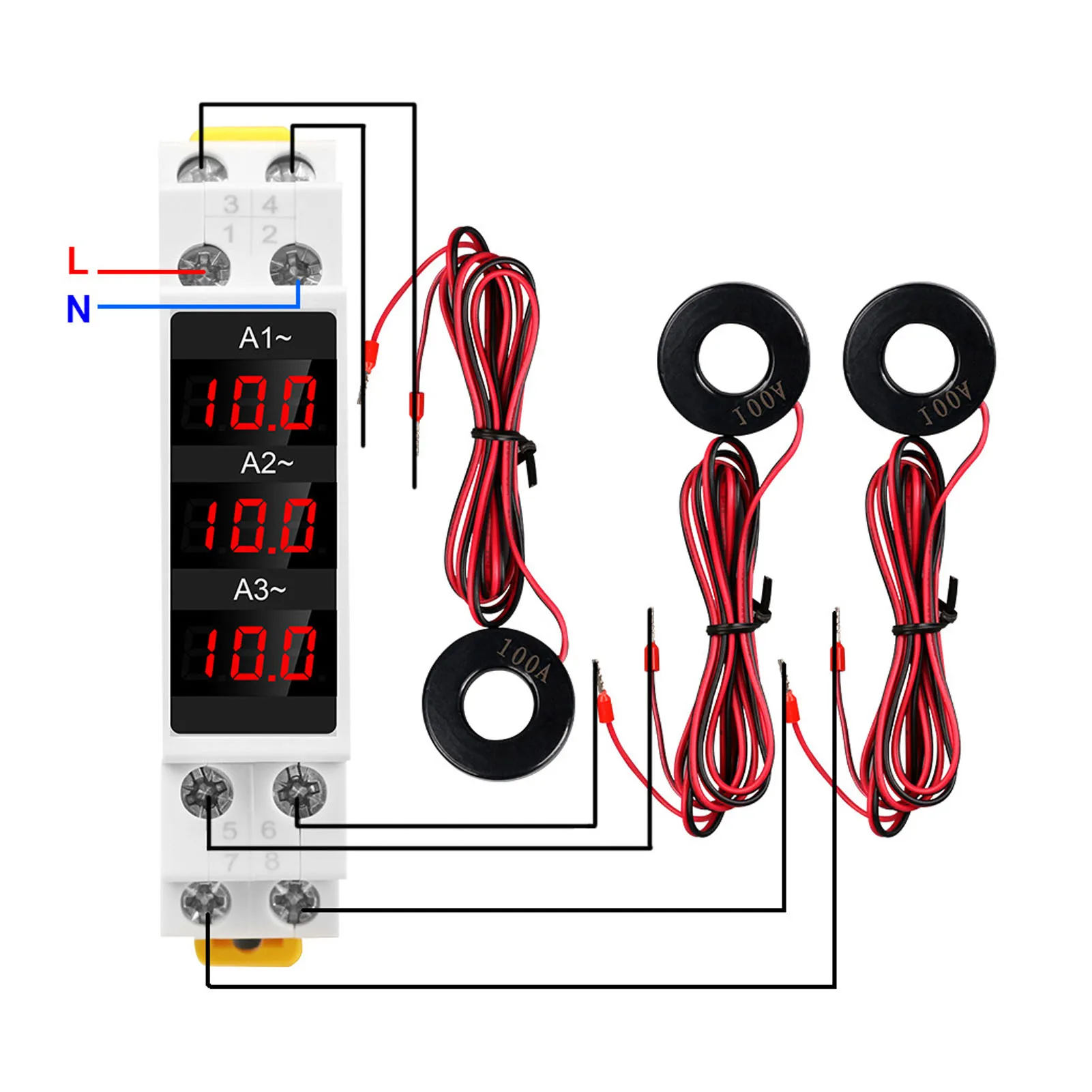 3 Phase DIN Rail Ammeter LED Digital Display High Accuracy Amp Meter with 3 Sensors AC80‑500V 1‑100A Ammeter 3 Phase Ammeter