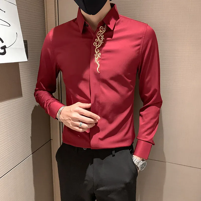 

Мужская повседневная рубашка с длинным рукавом и вышивкой, из полиэстера, для весны и осени, удобная, для работы и бизнеса