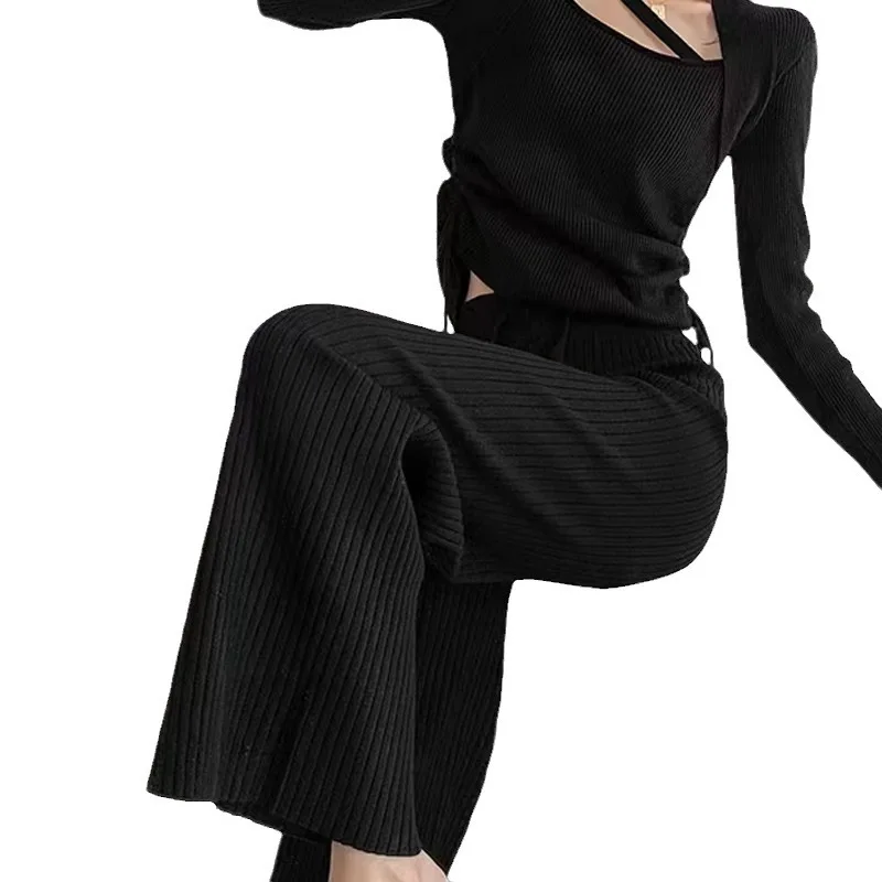 

Women Wide Leg Knit Trousers Autumn Elastic High Waist Drape Pants Drawstring Ribbed Straight Wide Leg Baggy Pants Clothing Q183