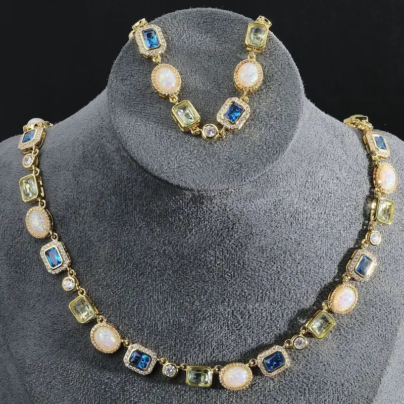 Luxury retro hip hop men mixed opal pearl blue gem tennis set adjustable necklace bracelet for rapper banquet dating occasions