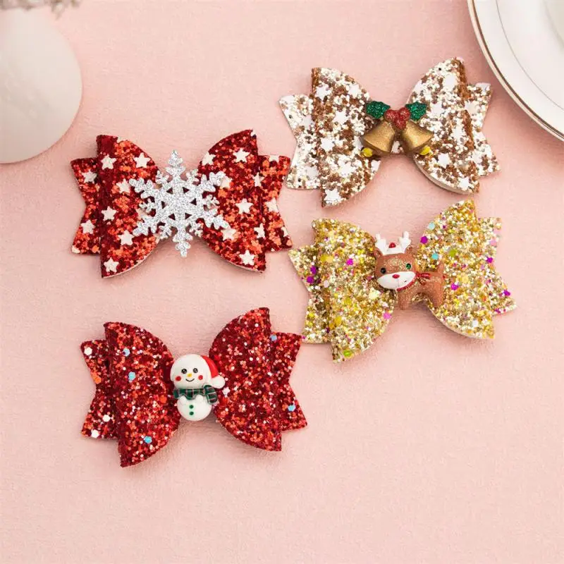 Hot Sale Christmas Festival Cute Sequin Hand Craft Bow With Santa Hair Clip For Kids Girls