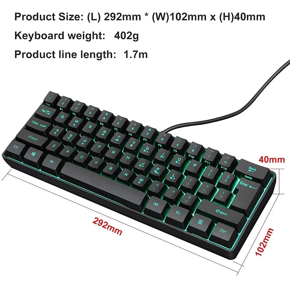 Gaming Keyboard, 61 Keys Multi Color RGB Illuminated LED Backlit Wired Gaming Keyboard, Waterproof Mini Keyboard