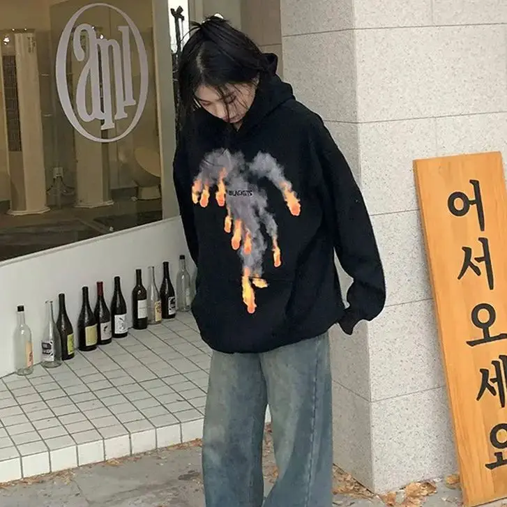 Fireball Printed Hooded Sweatshirt 2024 Autumn Winter New Thick Loose Slimming Versatile Niche Pullover