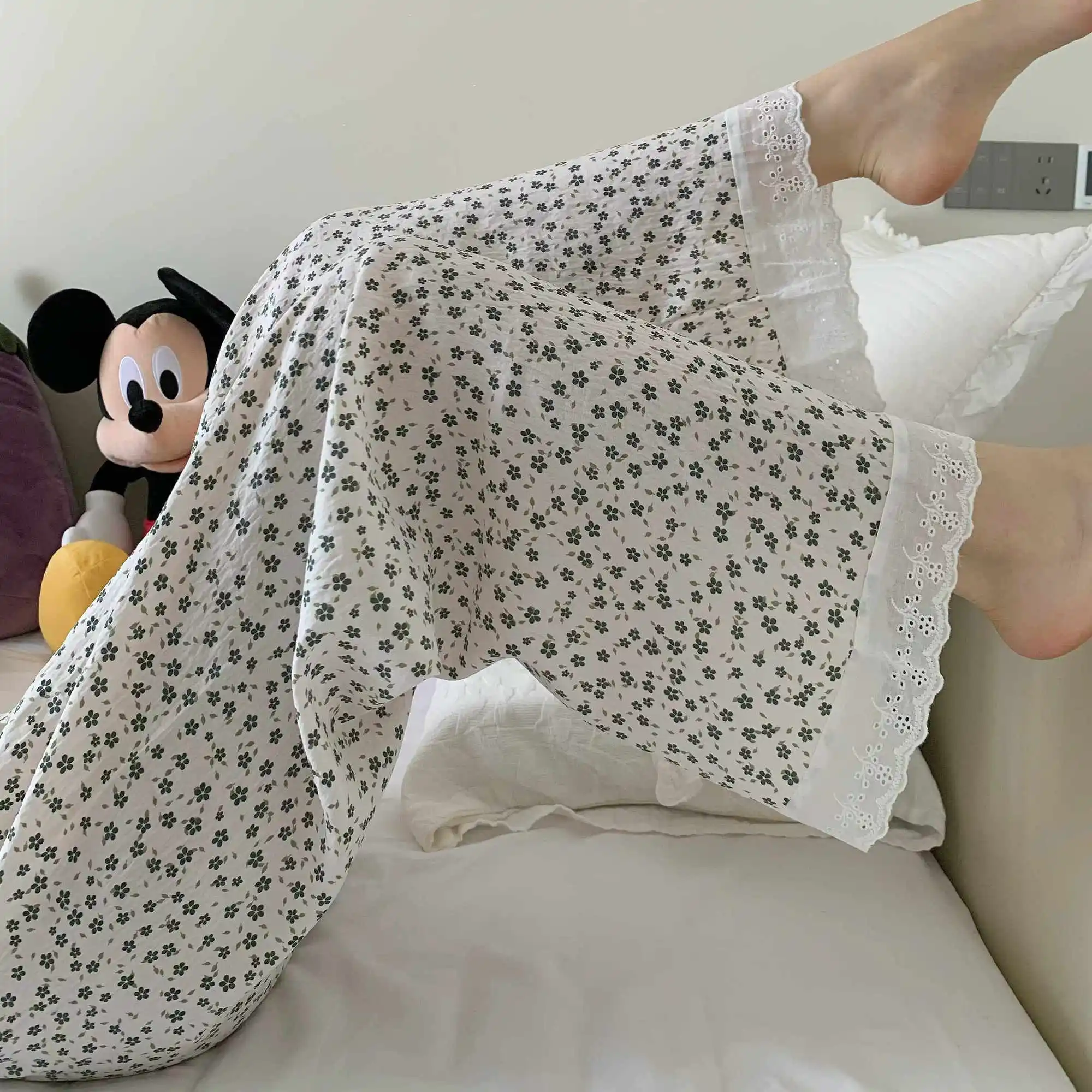 

New Summer Lace Loose Cotton Pajama Pants for Women's Home Clothes Printing Pajamas Homewear Lounge Sleep Korean Reviews Many Pj