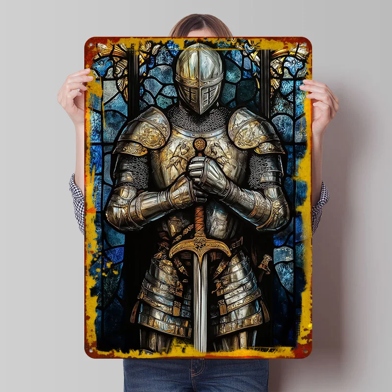 Knight in Shining Armor Tin Plaque Poster Customized Wall Art Retro Vintage Metal Signs for Man Cave Room Decoration Gaming Home