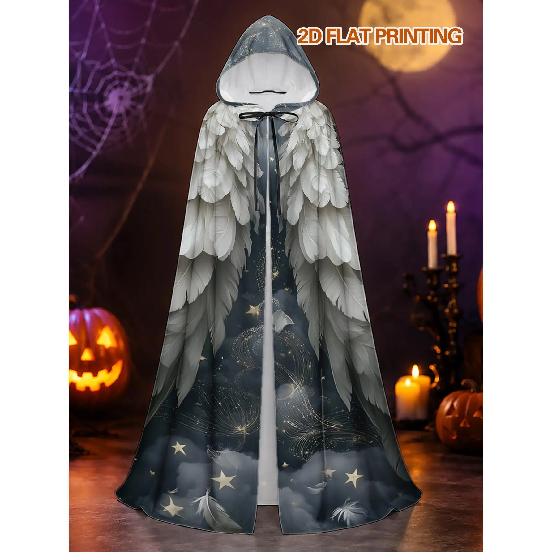 Adult Witch Cloak Hooded Cape with Celestial White Angel Wings Hooded Collar Loose-Fit High-Elasticity Costume