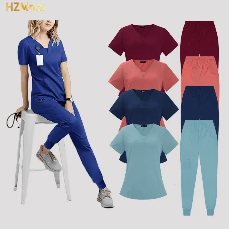 Multicolour Jogger Suits Doctor Nursing Uniforms Short Sleeve V-neck Tops Pocket Pants Nurse Scrubs Set Medical Clinical Clothes