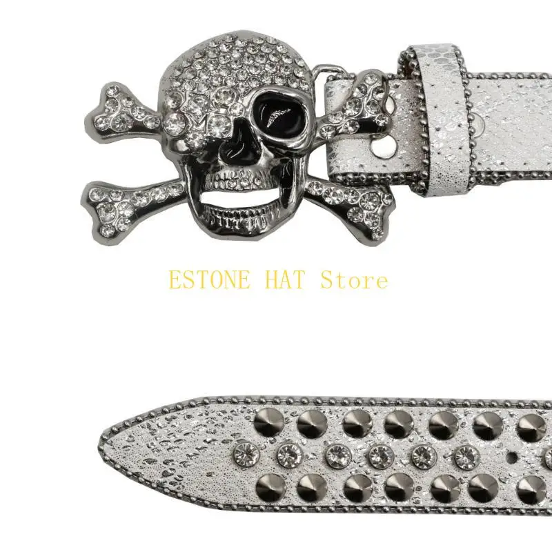 49MF Punk Skull Buckle Belt for Adult Teens Rhinestones Rivet Studded Belt Halloween Party Music Festival Belt Eye Catching