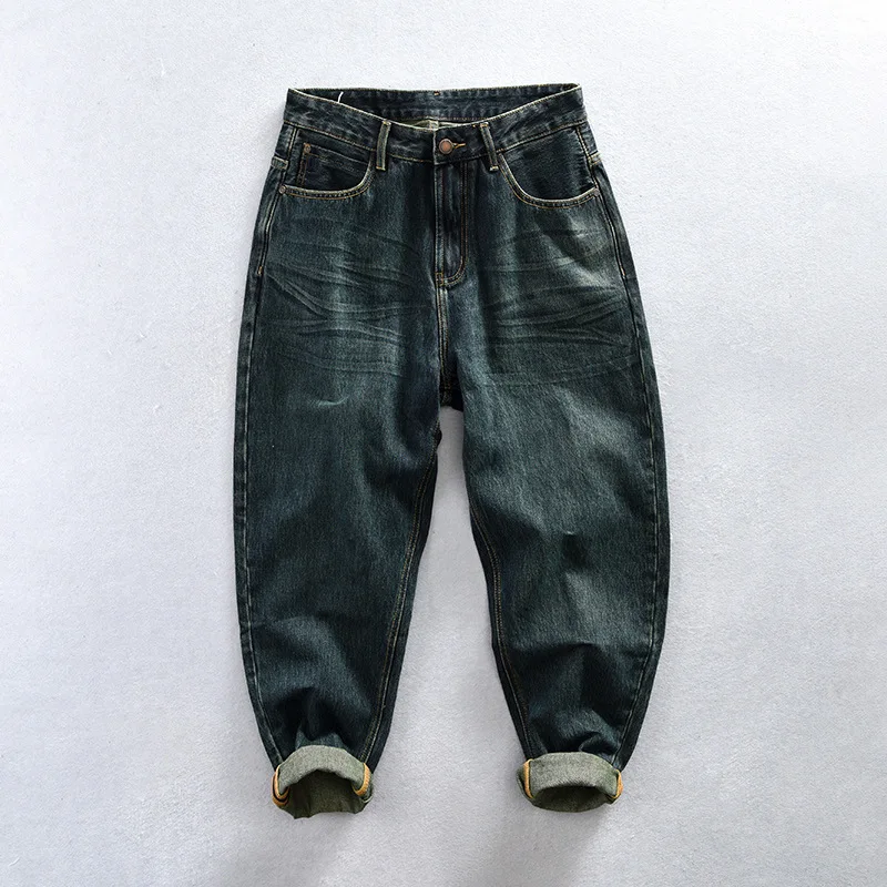 1022 Men Vintage Casual Jeans Dark Green Straight Streetwear Denim Pants Youth Comfortable Cotton Blended Classic Daily Trouser