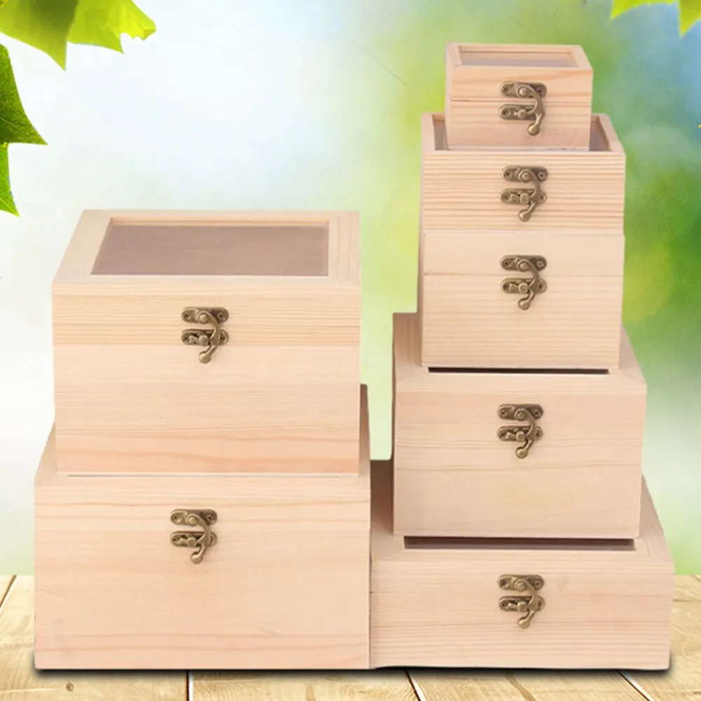 1x Wooden Square Hinged Storage Boxes Craft Gift Storage Container Dust Jewelry Box S&M&L&XL Wodden  Household Storage Organizer