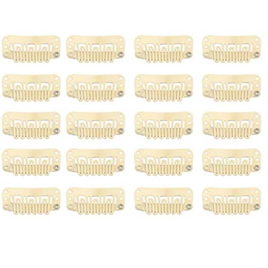 

20pcs Hair Extension Clips U-Shaped 6-Teeth 3.2cm Stainless Steel Snap Clips for Wigs Hair Extensions Hairpieces Toupee Beige