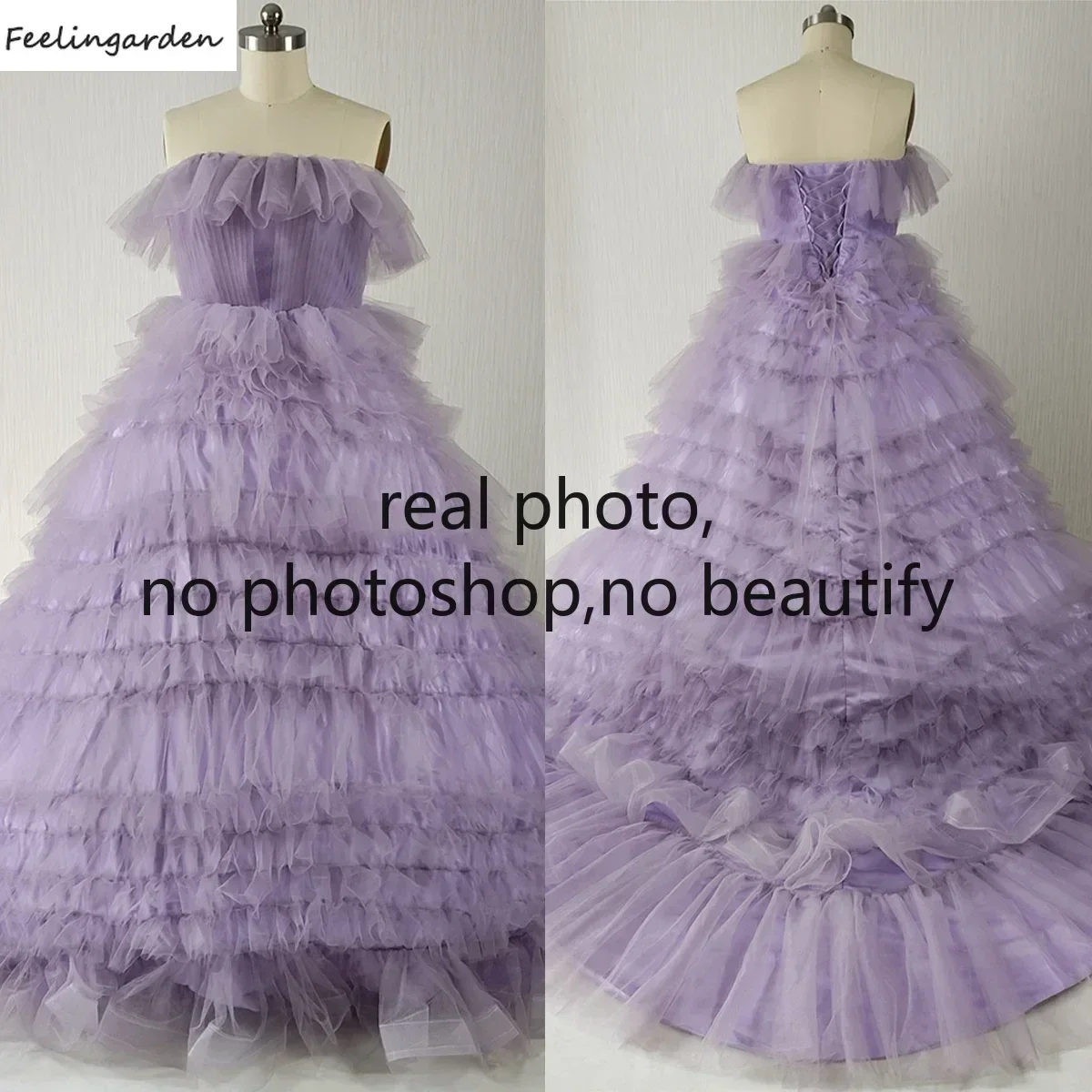 Feelingarden Customized Real Photo Evening Dress Purple Ruffles Strapless Princess Trailing Plus size Women Party Formal Gowns