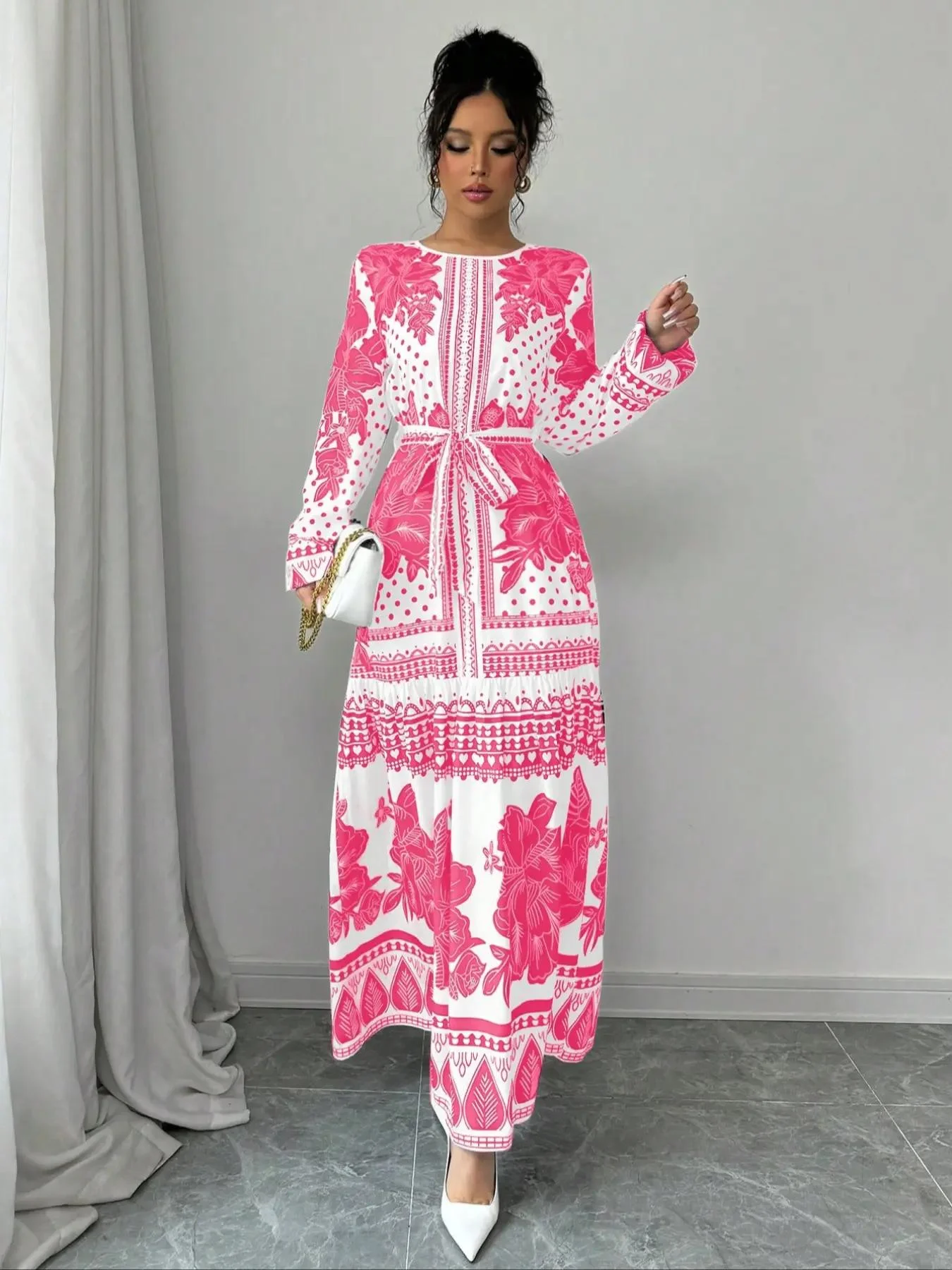 Women's Floral Print Belted Dress, Elegant Fashion Casual Long Sleeve Dress for Daily Outdoor Wear, Women Dress for Summer