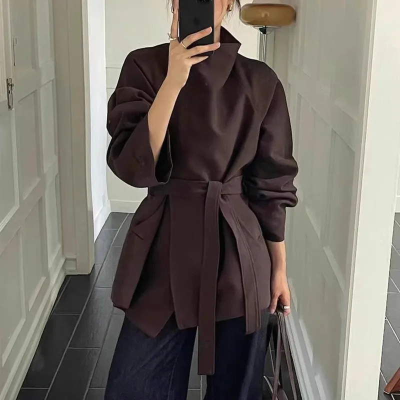 EAEOVNI Fashion Solid Color Short Trench Coat Women Solid Color Stand Collar Belt Gathered Waist Jacket Office Lady Clothing