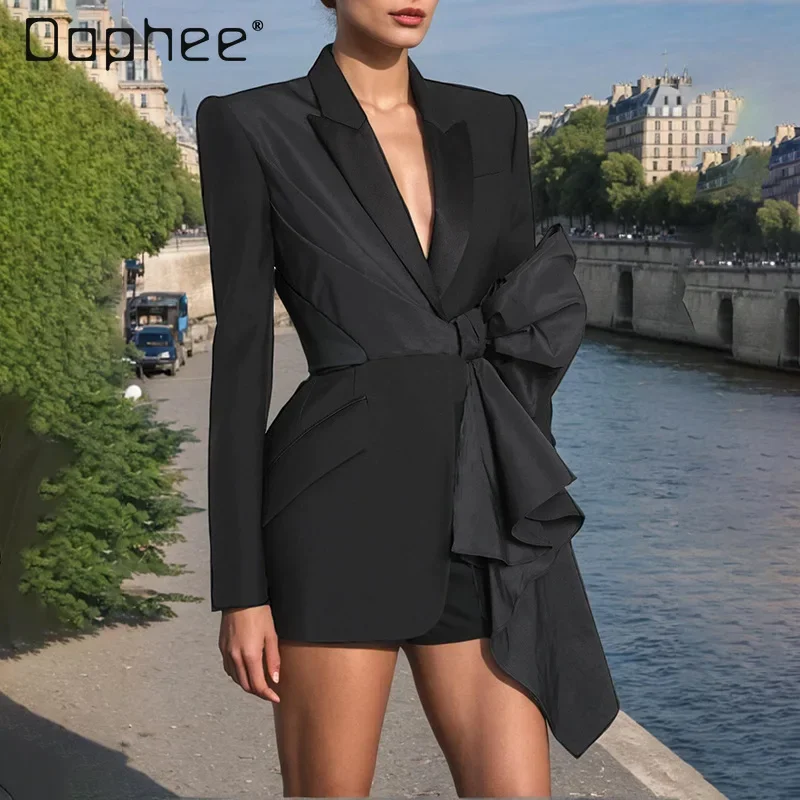 

Sexy V Neck Bow Design Blazer Jacket Women Hollow Out Lace Up Patchwork Long Sleeve Suit Coat Elegant Ladies Black Outwear