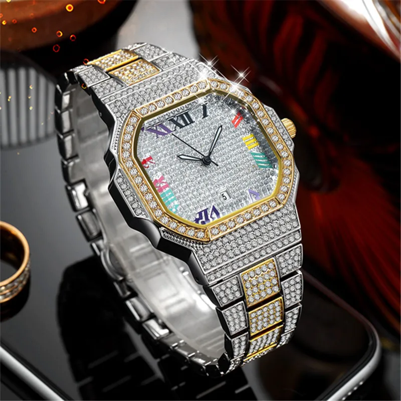 Men Big Brand Watches Fashion Casual Alloy Band Hip Hop Full Diamond Luxury Golden Date Quartz Watch Montres de Marque de Luxe