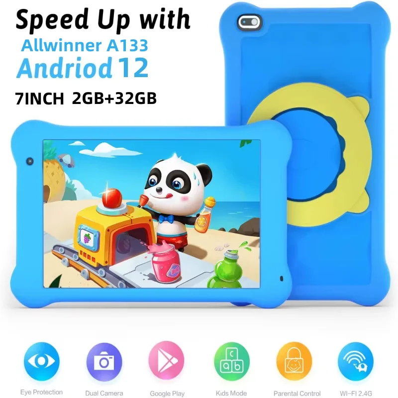 Kids Tablet 7 Inch Android 12 Allwinner A133 Quad Core 2GB RAM 32GB ROM Dual Camera Gift Silicon Bracket Case Type-C USB Cable