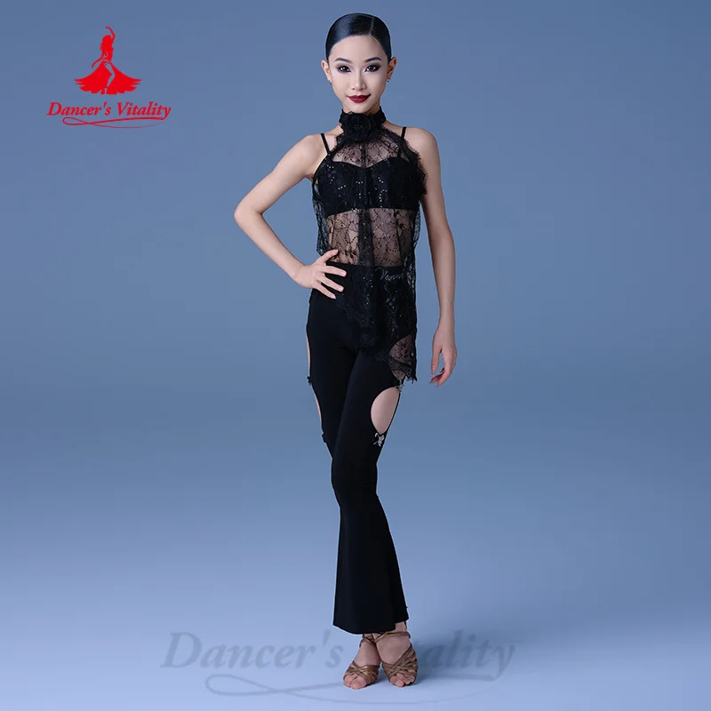 

Latin Dance Costume Set Sexy Lace Backless Top+vest+black Long Pants 3pcs Adult and Children's Professional Training Clothes