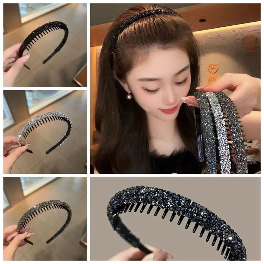 Headband Plastik Vintage Berhiaskan Rhinestone untuk Rias Wajah dan Mencuci Muka, dengan Gaya Korea, Berlian, Anti-Selip