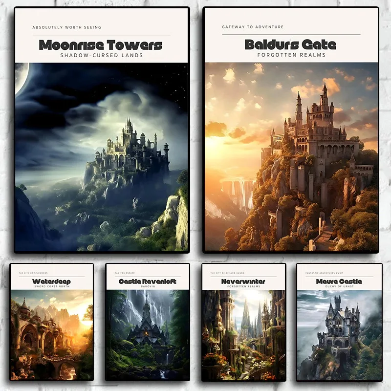 D&D Fantasy Travel Poster Modern Landscape Canvas Print Geek Decor Wall Art D-Dungeons & Dragons Living Room Home Office Decor