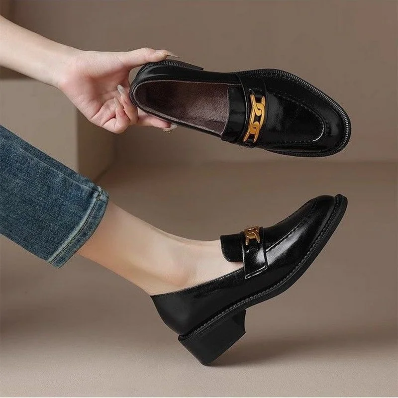 FHANCHU 2024 Early Spring Mid Heels,Women Leather Loafers Shoes,Metal Buckles,Slip On,Round Toe,Black,Brown,Dropship