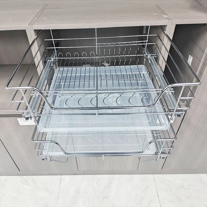 

Kitchen drawer type double-layer four-sided pull basket floor cabinet wire dish basket damping pot storage