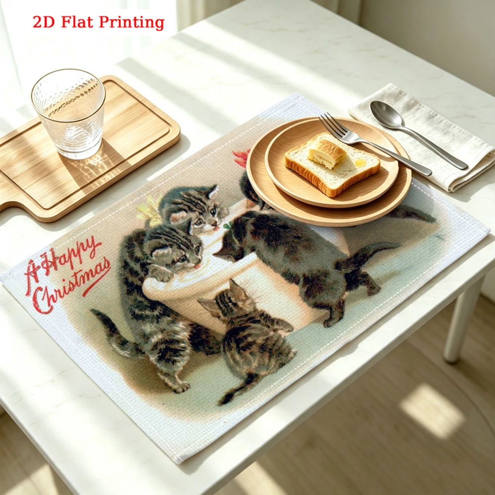 1pc Vintage Multicolor Kittens Christmas Print Placemat Kitchen Dining Decor 30x40cm