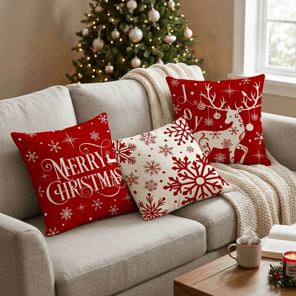 Square Christmas Pillow Cover Soft Snowflake/Elk Christmas Tree Cushion Cover Without Pillow Core Comfortable