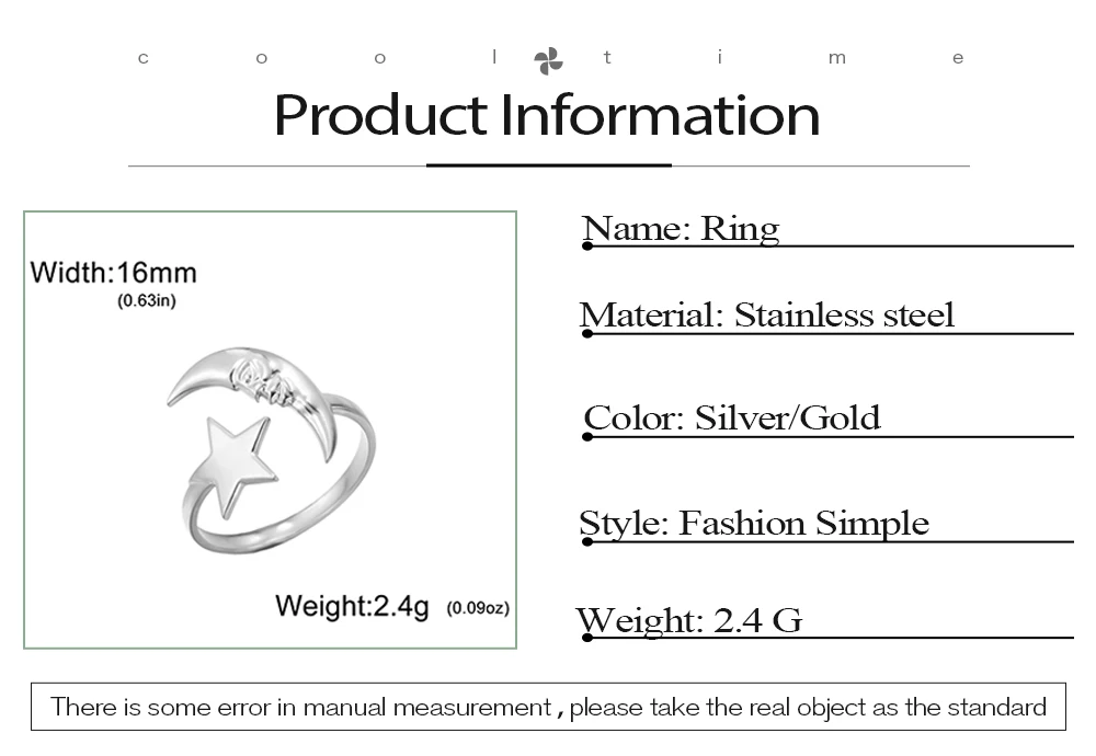 COOLTIME Star Moon Ring for Women Stainless Steel Trendy Minimalist Open Waterproof Ring Jewelry Gift New