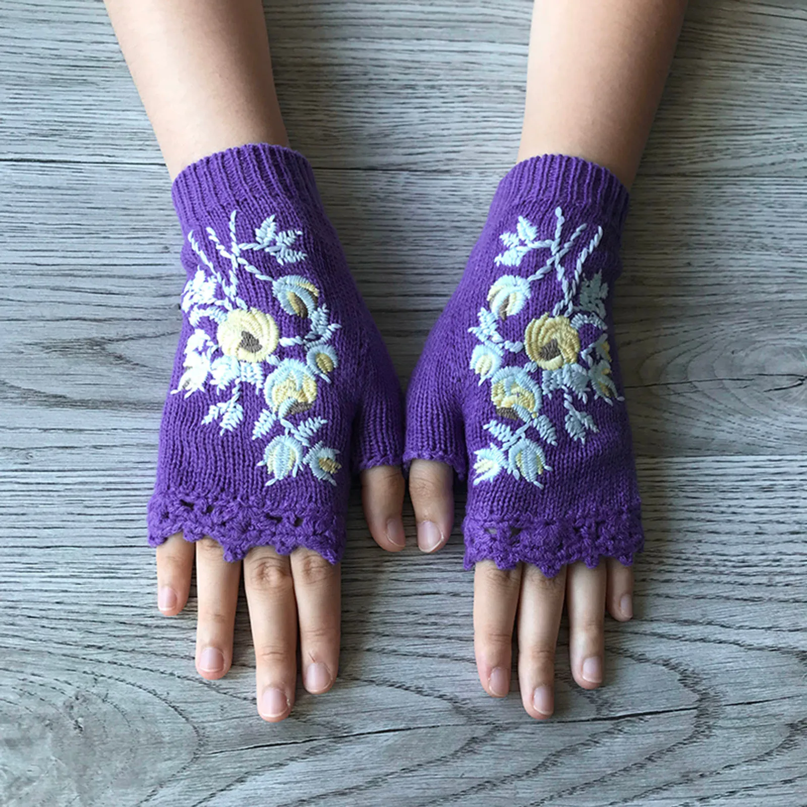 Gants de broderie florale sans doigts pour femmes, mitaines d'épissure, coton, filles, hiver