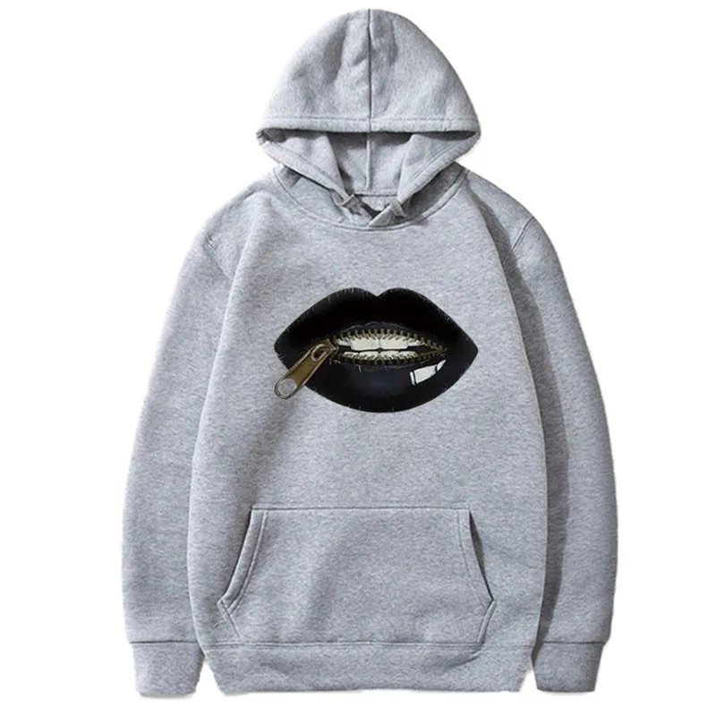 เสื้อสเวตเตอร์มีฮู้ดแขนยาวที่อบอุ่นพร้อมรูปแบบการพิมพ์ที่สนุกสนานบนซิปริมฝีปากสตรีทแวร์ผู้หญิงเสื้อฮาราจูกุ