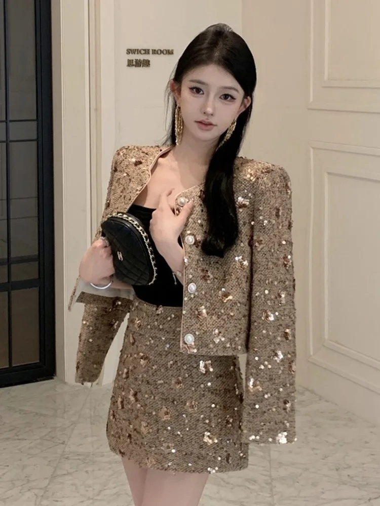 2024 new in matching sets Tweed 2 Piece Sets Women Outfits Fashion Jacket Coat + Short Skirt  conjuntos femininos elegantes