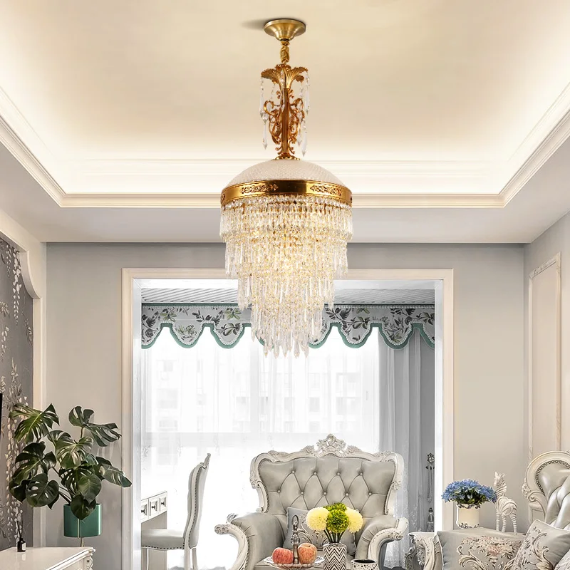 American Hotel Deco Crystal Brass Pendant Light Master Bedroom Corridor Apartment Chandelier European Luxury Copper Lamp