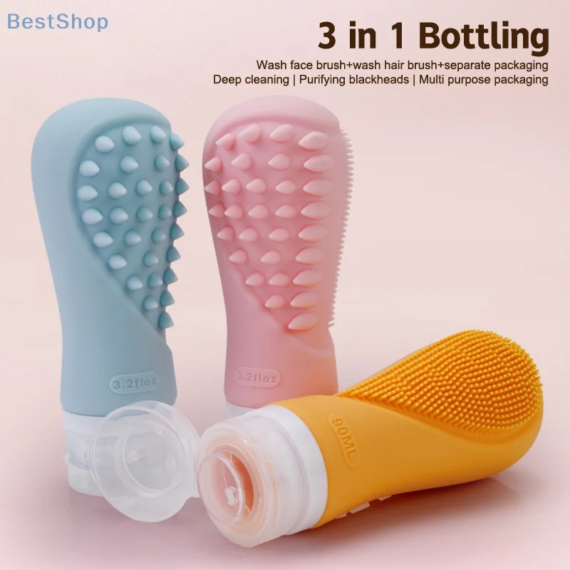 Bouteille de brosse de nettoyage en Silicone 3 en 1, épurateur pour le visage et brosse à cheveux avec rangement de voyage de 90ML pour un nettoyage en profondeur
