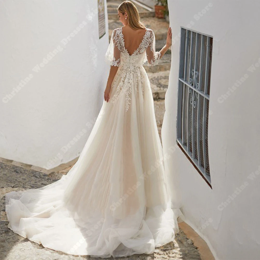 Elegante V-Ausschnitt Tüll Frauen Brautkleider neueste Spitze Abziehbilder Brautkleider sexy Wisch länge Prinzessin Vestidos de Novias