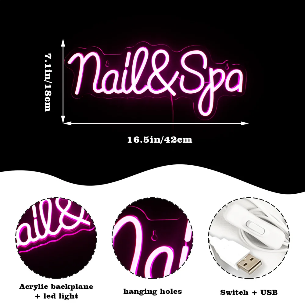 Nails&Spa Neon Sign For Wall Decor Pink LED Lights Art Letter Wall Lamp For Party Nail Salon Beauty Shop Room Decoration Logo