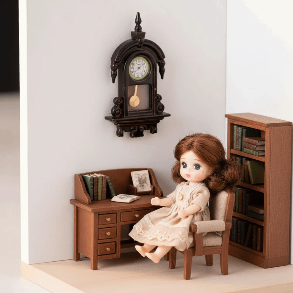 Alloy Material Dollhouse Wall Clock Wooden Design Movable Pendulum Vintage Clock 1:12 Scale Pendulum Clock Study Room Decor