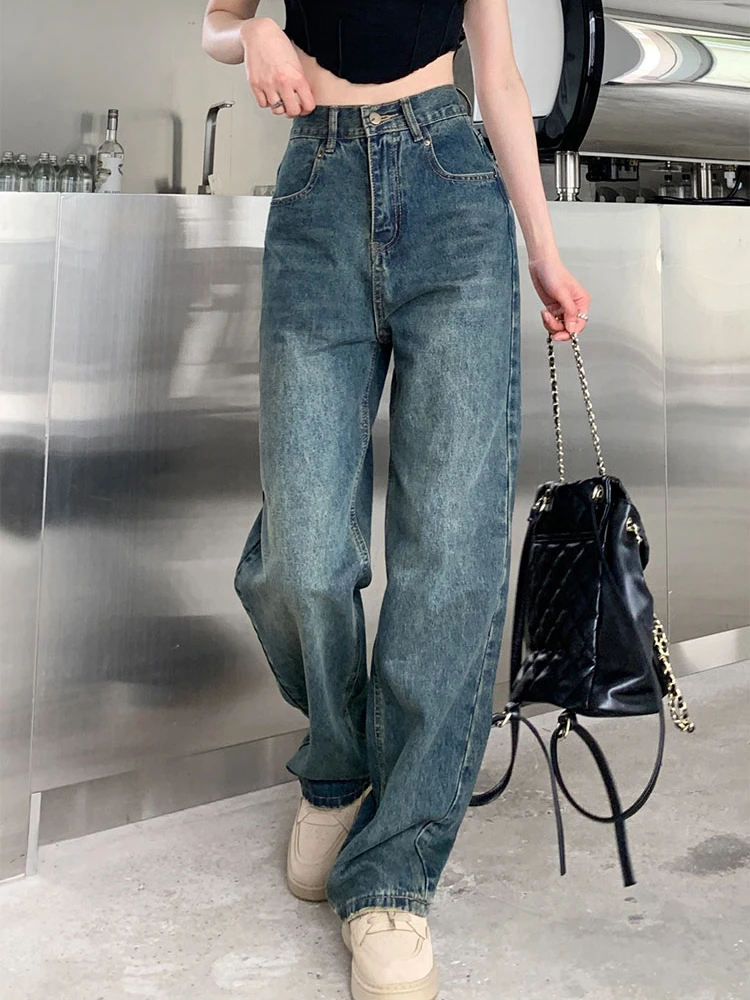 QWEEK Vintage Wide Leg Jeans Women Y2k High Waist Harajuku Streetwear Pants Korean Fashion Straight Casual Loose Denim Trousers