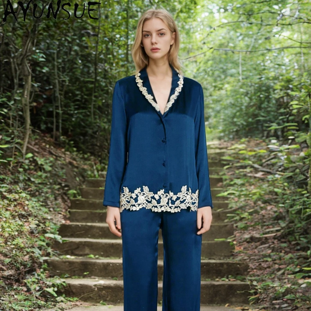 AYUNSUE 19Mm 100% Mulberry Silk Sleepwear Women Clothes Casual Pants Long Sleeve Tops Spring Summer Pajama Sets Two-piece Set