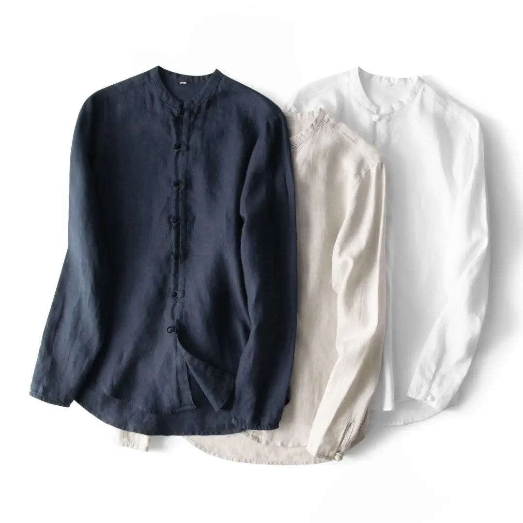 

High-End Pure Linen Men's Shirt Summer Loose Long Sleeve Zen Tea Style Chinese Collar Casual Breathable Fashionable Top