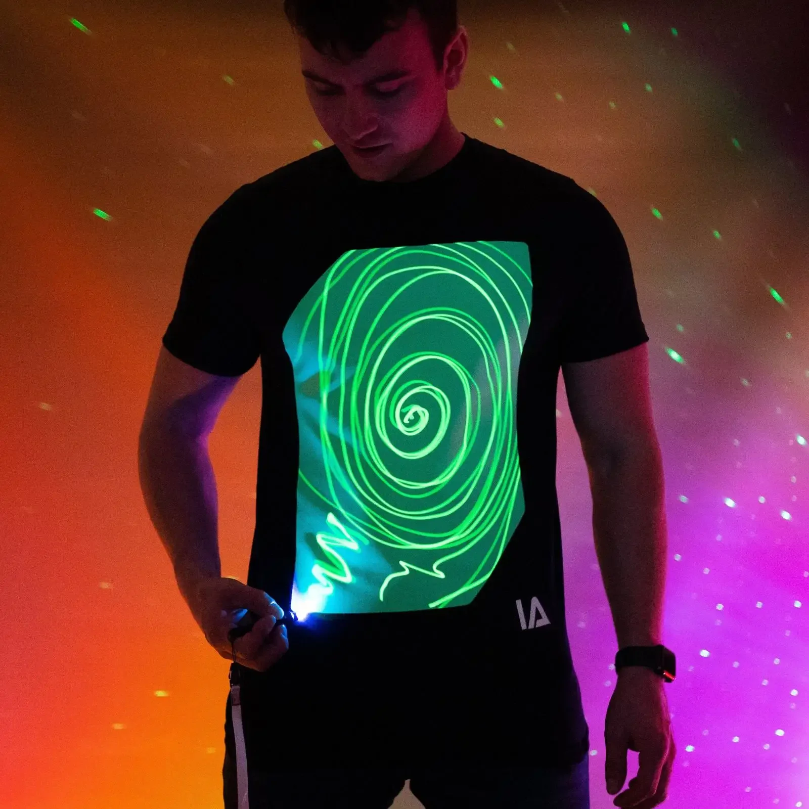 Camiseta Interactiva que Brilla en la Oscuridad para Adultos, con 39 Luces, Negra y Verde, Estilo Vintage, Ligeramente Elástica, Ropa de Diseñador