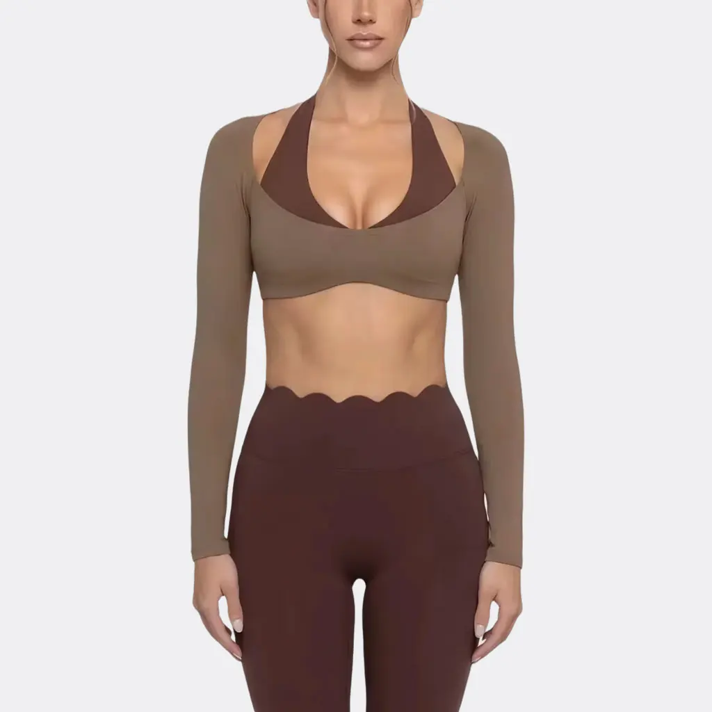 Women's Fake Two-Piece Sports Long Sleeve Halter Neck Pilates Yoga Shirt Slim Fit Fitness Sports Top Leggings Workout Tights