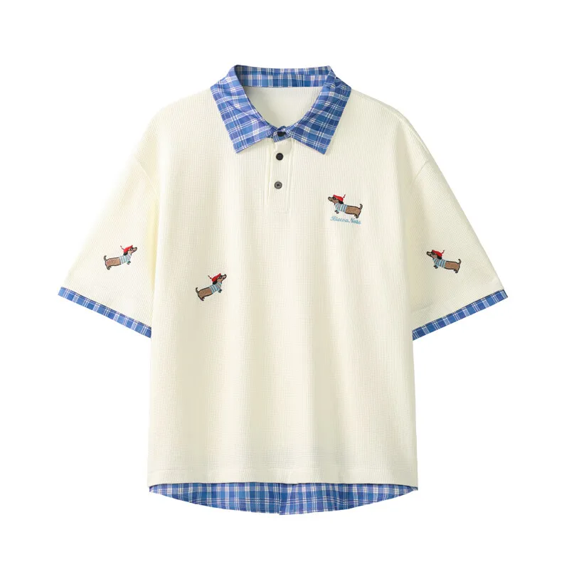 Korean Dog Embroidery Plaid Polo Short Sleeve T-Shirt 2025 Summer Retro Couple T-shirts Splicing Fake Two Pieces Simple Tops